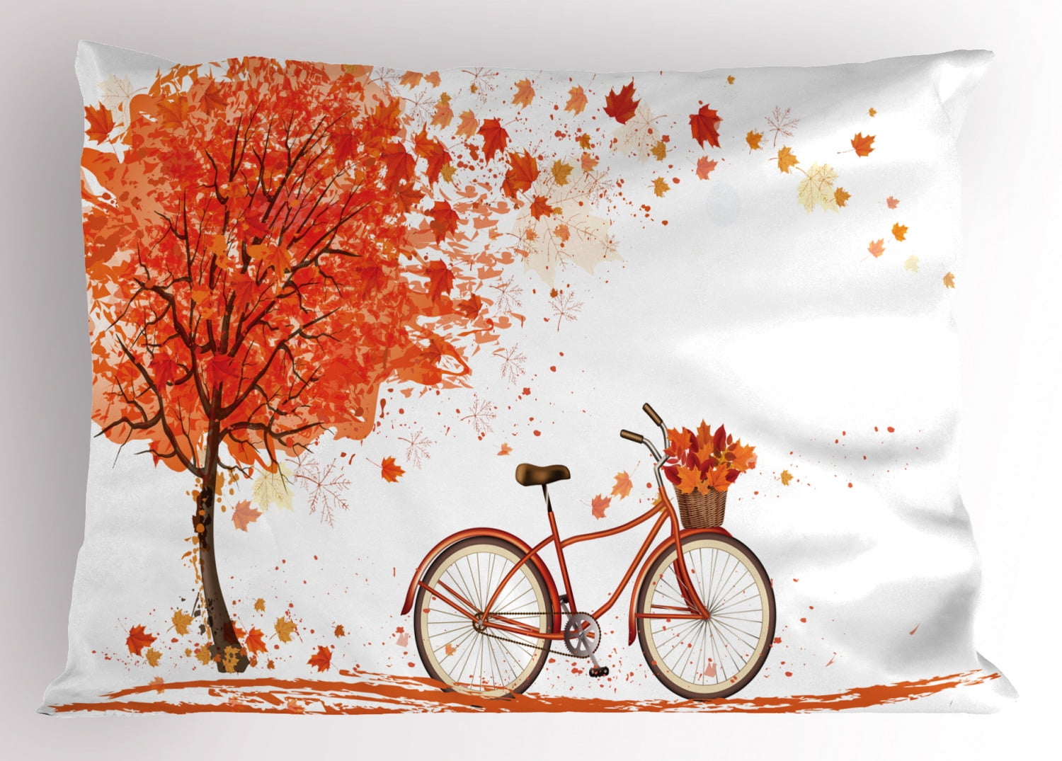 Autumn Pillow Sham Watercolor Fall Season Landscape with Leaves Flying in Breeze Bicycle, Decorative Standard King Size Printed Pillowcase, 36 X 20 Inches, Orange Brown and White, by Ambesonne