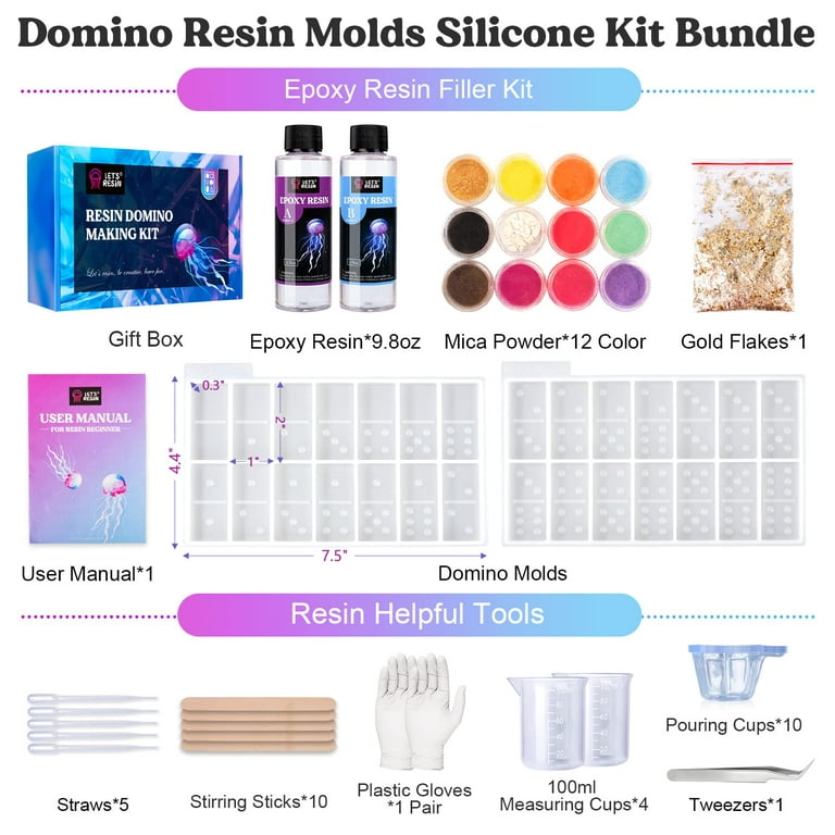 Resin Domino Molds Kit,Epoxy Resin Starter Kit for Beginners, Resin Kits  and Molds Complete Set Includes 9.8oz Epoxy Resin, Double 6 Domino  Molds,and Resin Supplies 