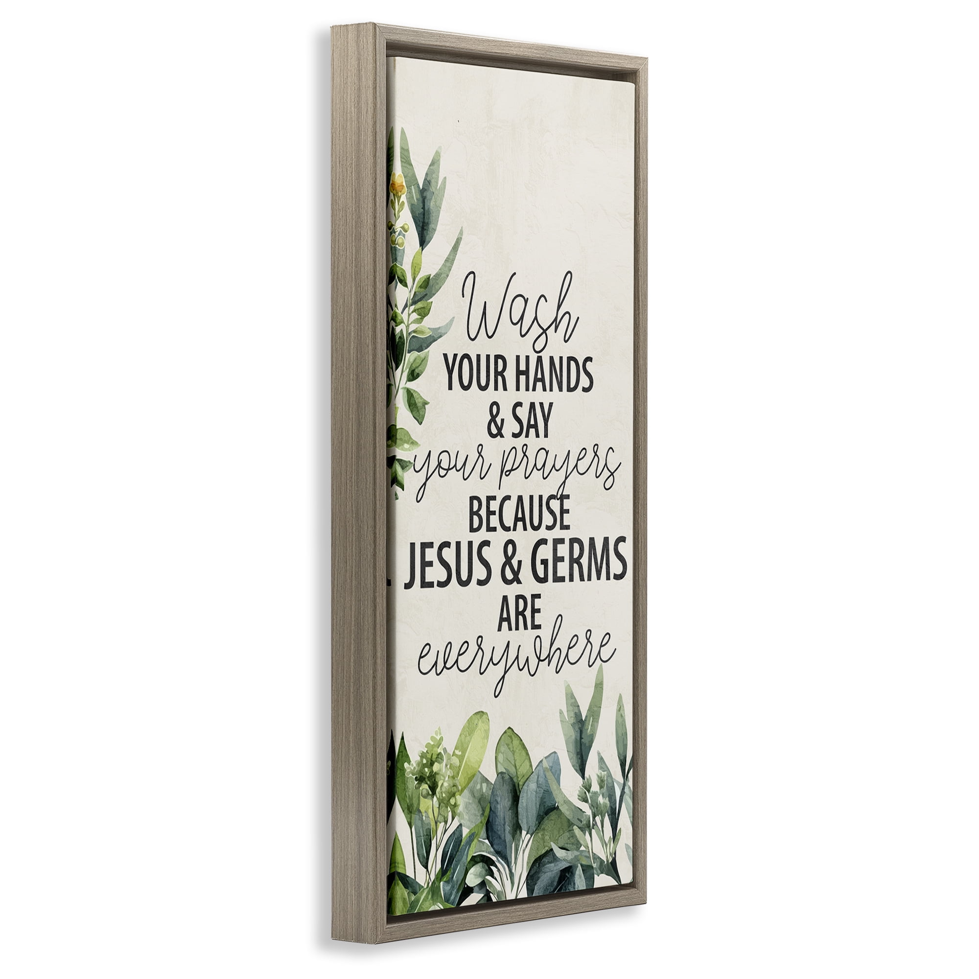 Stupell Industries Jesus & Germs Hygiene Bath & Laundry Painting Brown Floater Framed Canvas Art Print Wall Art, 14 x 31
