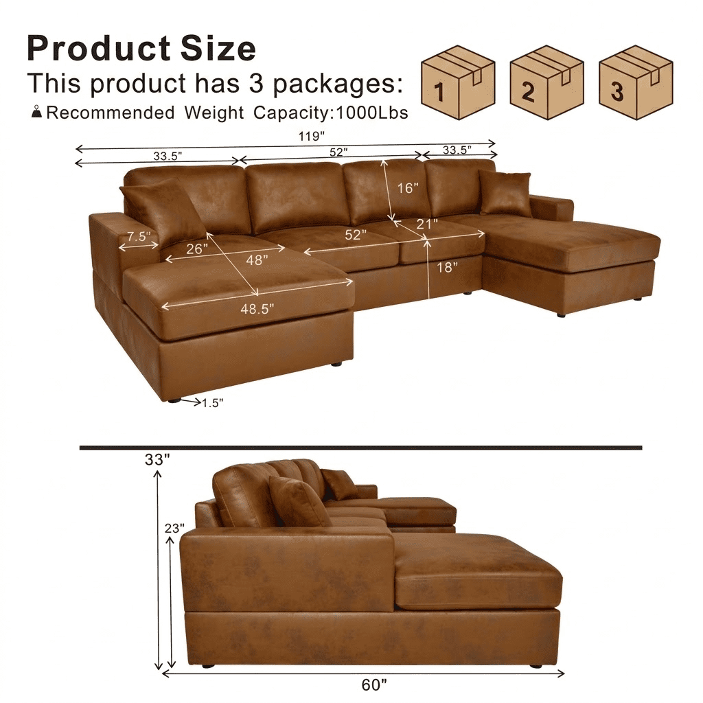 Howcool 120" U‑Shaped Double‑Chaise Modular Sectional Sofa, Cloud Couch 4 Seat Breathable PU Leather & Polyester with Washable Removable Covers for Living Room, Antique Brown