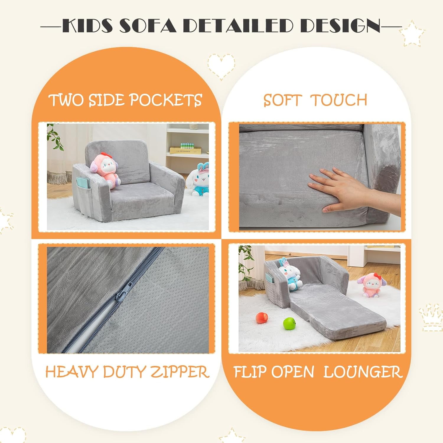 Baby Toddler Couch Sofa Chair Kids Foldable 2-in-1 Toddler Fold Out Couch Bed for Playroom, Pull Out Children Convertible Sofa Chair to Lounger Sleeper for Boys & Girls with Double Pockets, Dark Grey