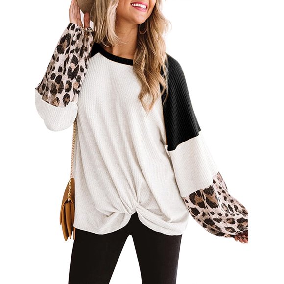 LAPA Womens Tops Leopard Long Sleeve Waffle Knit Blouse Casual Loose Tunic Shirts with Twist Knot