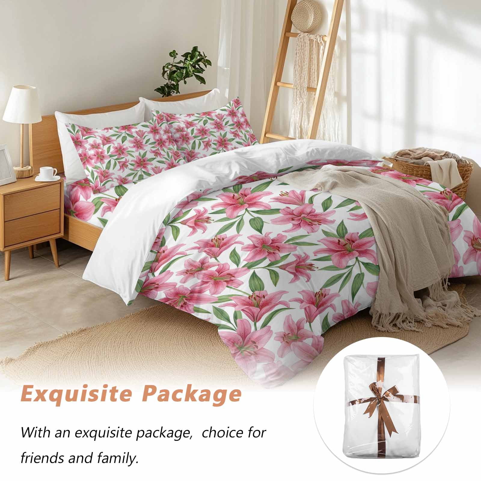 Summer Lily Queen Duvet Cover Set, Watercolor Pink Flower Pastoral Style 4 Piece Microfiber Bedding Set with Zipper Closure, Bed Sheet and 2 Pillow Shams, Soft Bedding Cover