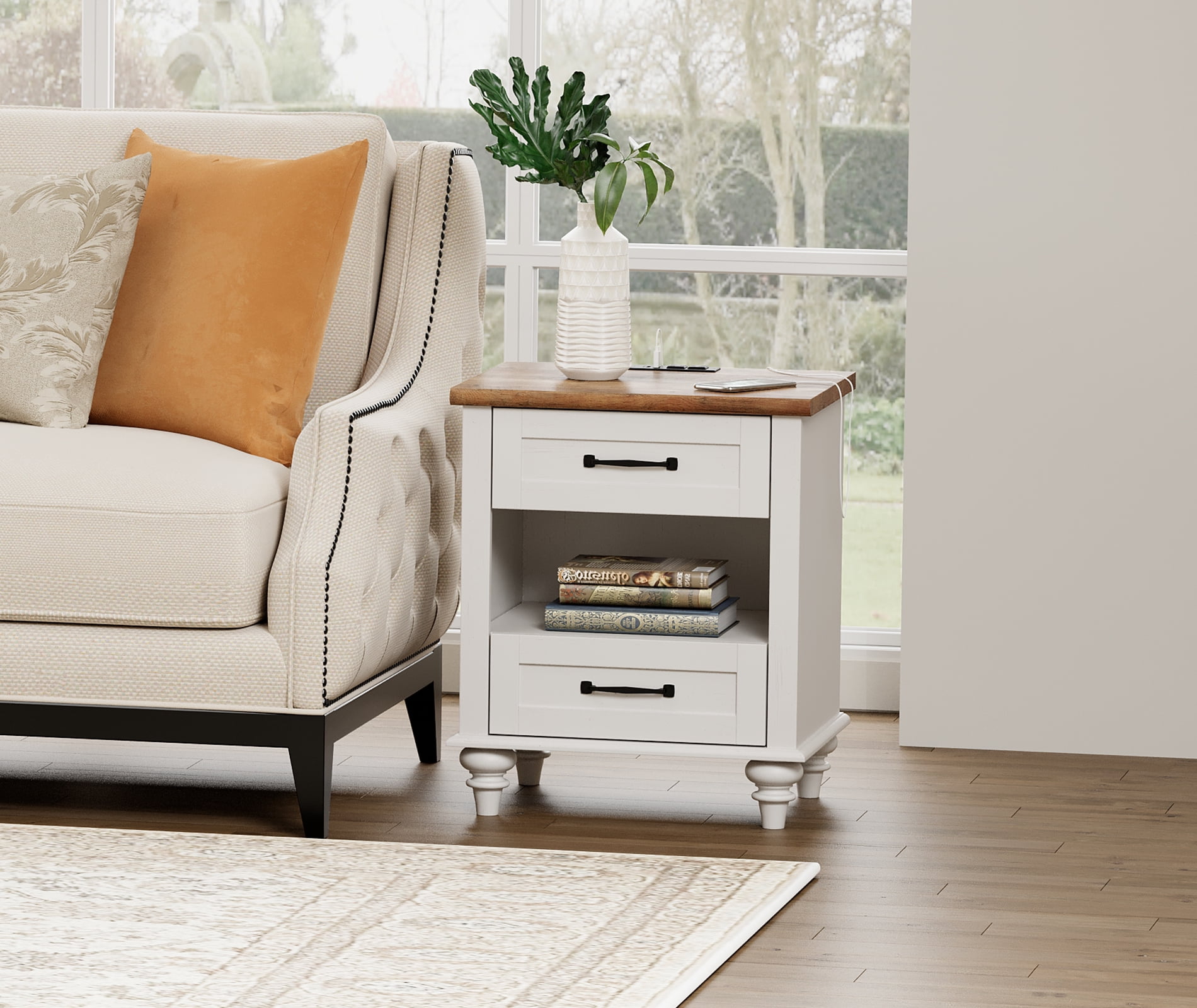 White Nightstand with Charging Station for Bedroom, Wood End Table for Living Room Kids room