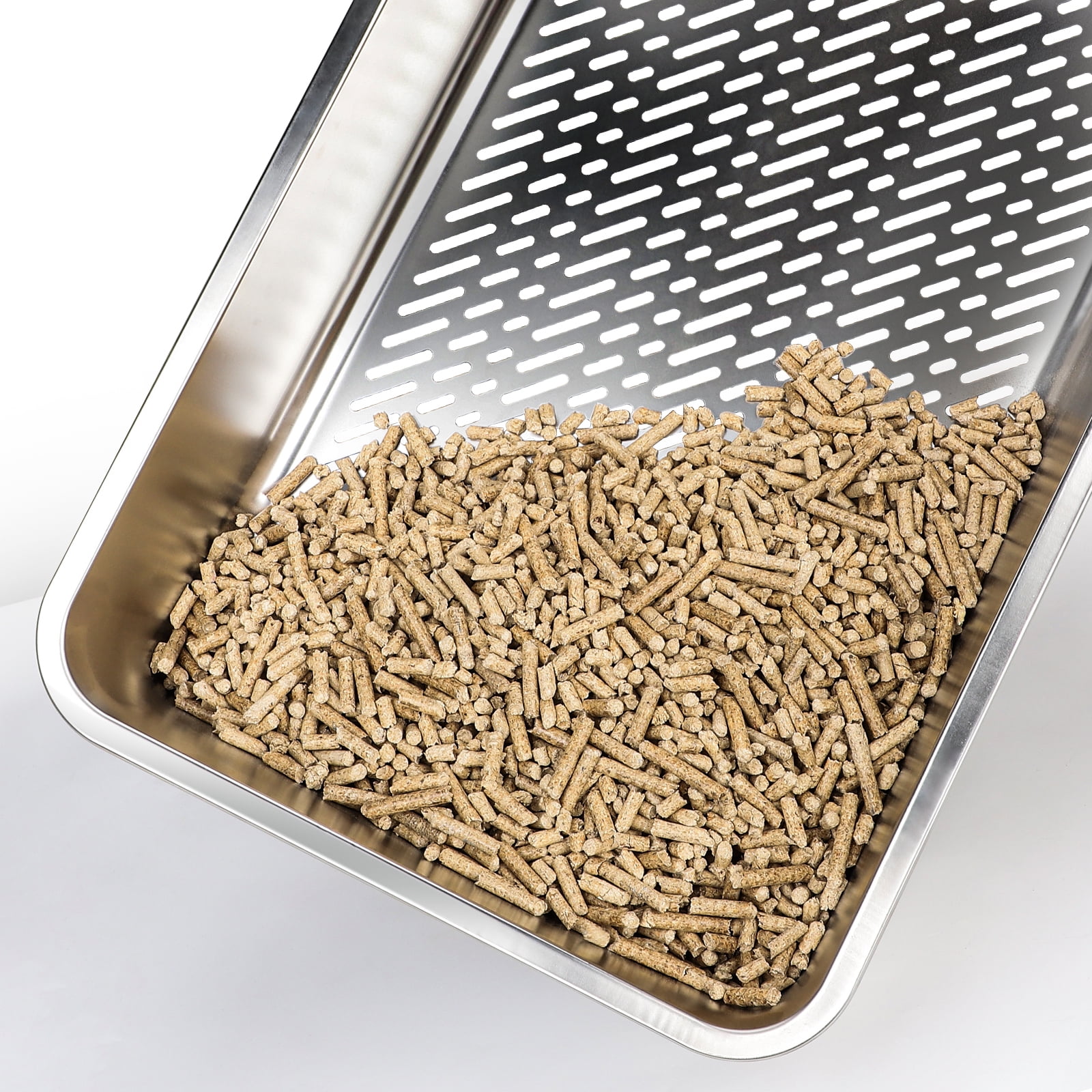 Stainless Steel Sifting Litter Box for Pine Pellet Litter, XXL Non-Clumping System with Lid for Large Cats, High-Sided, Anti-Leakage Design with Non-Stick Bottom, Silver Gray