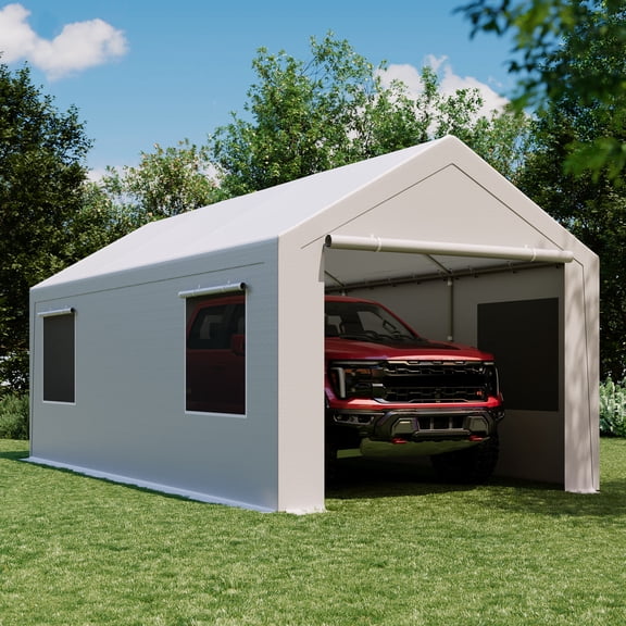 LAUSAINT HOME 12'x20' Carport, Heavy Duty Car Canopy with Roll-up Windows, Garage Storage Tent Shelter with Removable Sidewalls & Doors, for Boat, Car, Truck, Gray