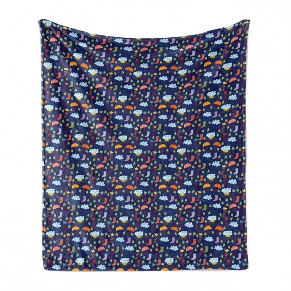 Rain Soft Flannel Fleece Throw Blanket, Funny Childish Pattern with Rain Motifs Boots Clouds Green Leaves Colorful Flowers, Cozy Plush for Indoor and Outdoor Use, 50" x 70", Multicolor, by Ambesonne