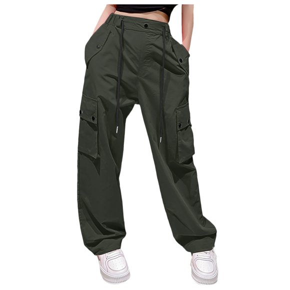 TINZ Womens High Waist Parachute Pants Cargo Trousers With Pockets Plaid Casual Pants for Women Womens Clothes