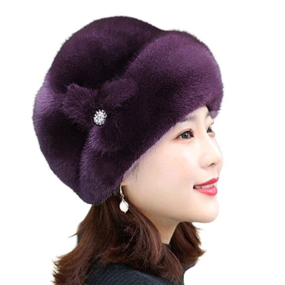 Womens Winter Hat, Real Waterproof Fluffy Roller Hat,Knitted Beanie Braided Real Hair Warm Basin Hat Purple One Size