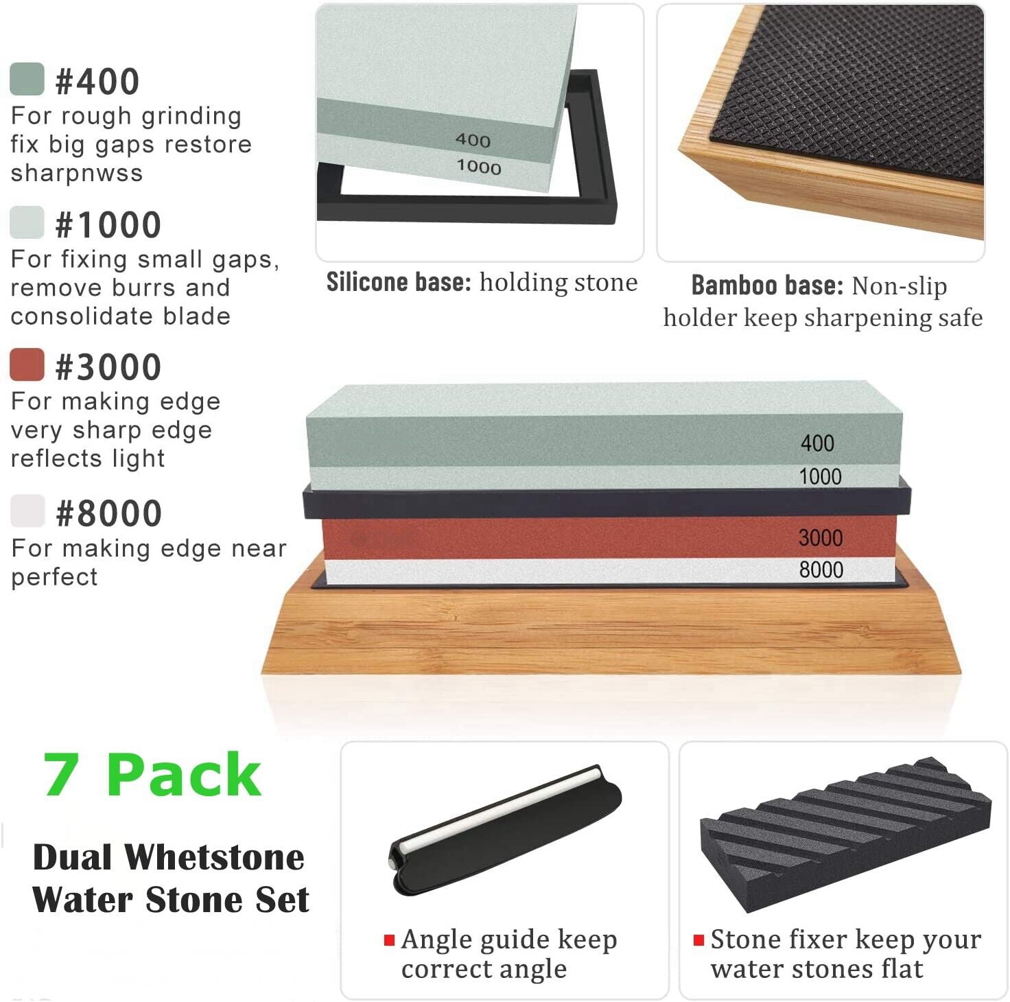 SATC 7Pcs Whetstone Knife Sharpener Stone 400-8000 Grit Sharpening Stone Set for Grinding