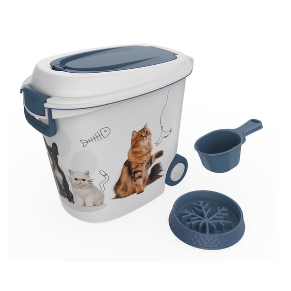 Pet Food Storage Container with Wheels Resin 40LB Capacity Dog Food Container with Slow Feeder Bowl and Scoop Easy to Move to Keep Food Fresh for Dogs, Cats, Birds