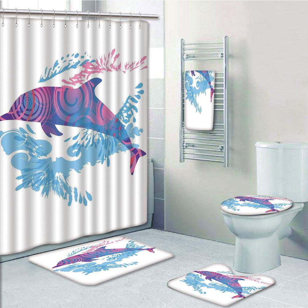 PRTAU Dolphin Figure with Colorful Underwater Life 5 Piece Bathroom Set