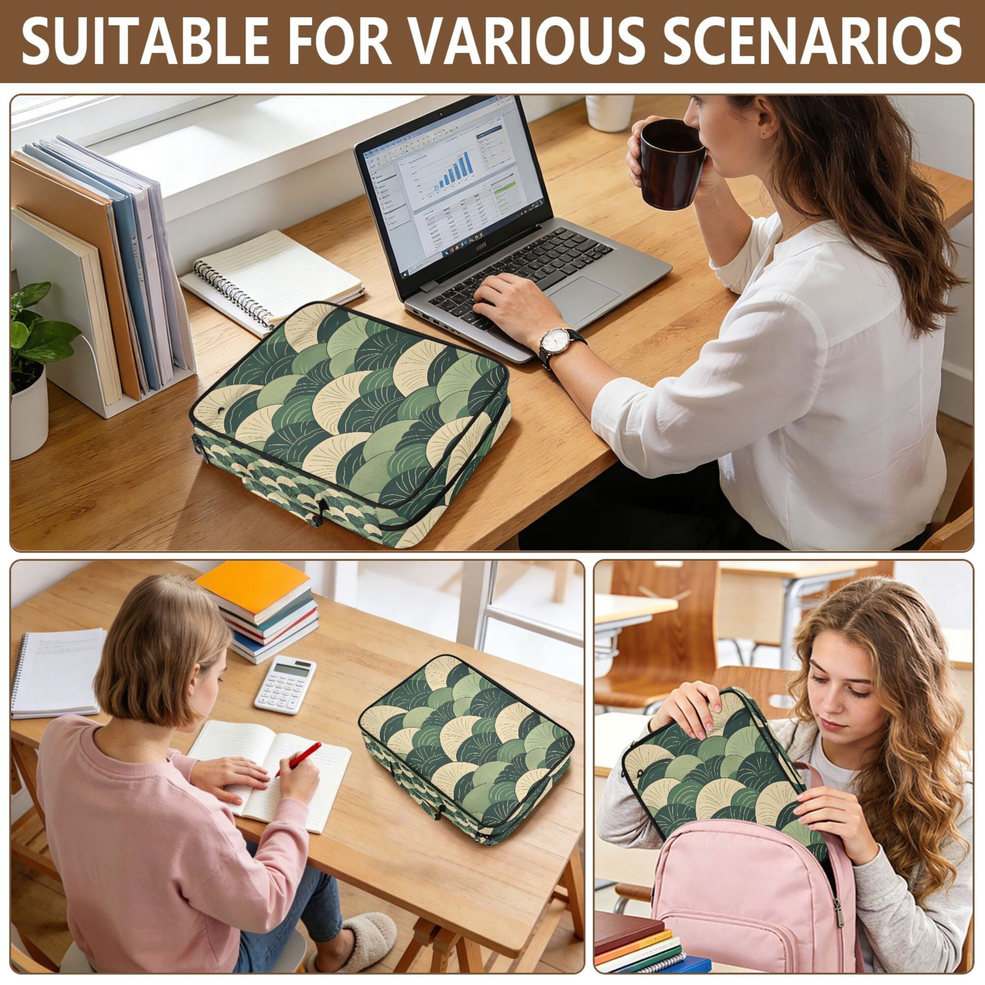 FORMRS Accordion File Folder A4 Size 7-Pocket Expanding Document Organizer Bag with 3 Ring Binder, Green Abstract Shapes