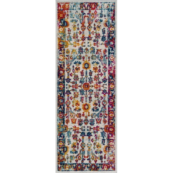 BoutiqueRugs Istanbul Farmhouse Runner Rug - Off White, Mustard, Light Blue - 2'7" x 7'3" Runner