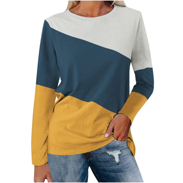 vdgthytj Hauts Grande Taille pour Femmes Manches Longues Col Rond Tuniques Mode Automne T-Shirts Amples à Blocs de Couleur
