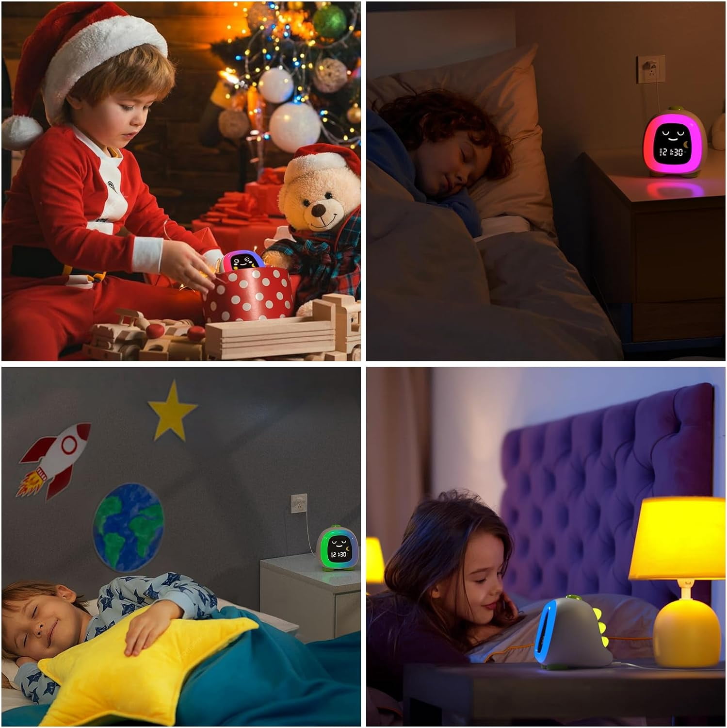 Hansang Kids Alarm Clock with 6-Color Night Light, Sleep Training OK to Wake Clock with Timer, Cute Green Dinosaur Design for Boys and Girls