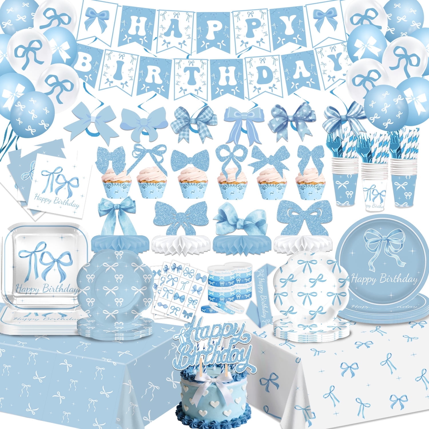 Xizondidi Blue Bow Birthday Party Decorations Coquette Birthday Decorations with Blue Bow Paper Plates Napkins Tablecloths Banner for Girls Women Serve 26