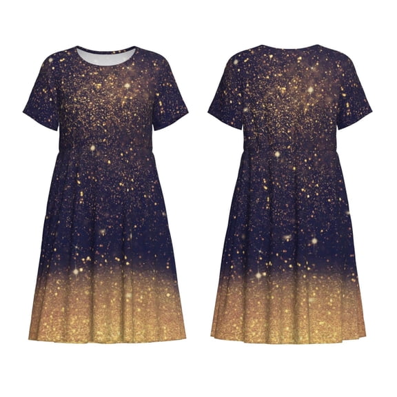 Horeoi Gold Black Glitter Print Women's Short Sleeve Dress Breathable Polyester-Spandex All-Over Print A-Line Side Pockets Elastic Waist