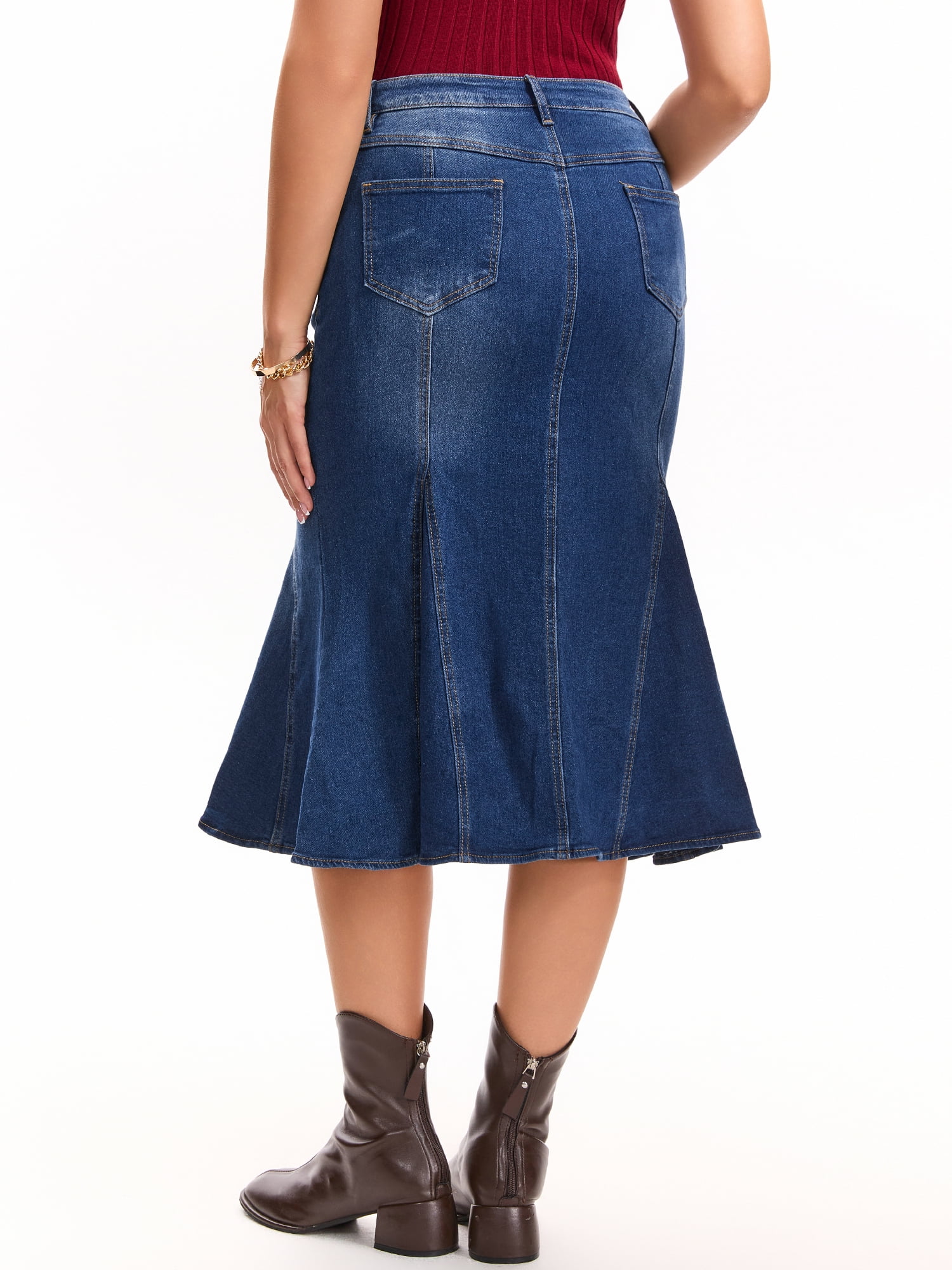 DARING DIVA Women's Denim Washed High Waisted Fishtail Midi Jean Skirt L Deep Blue