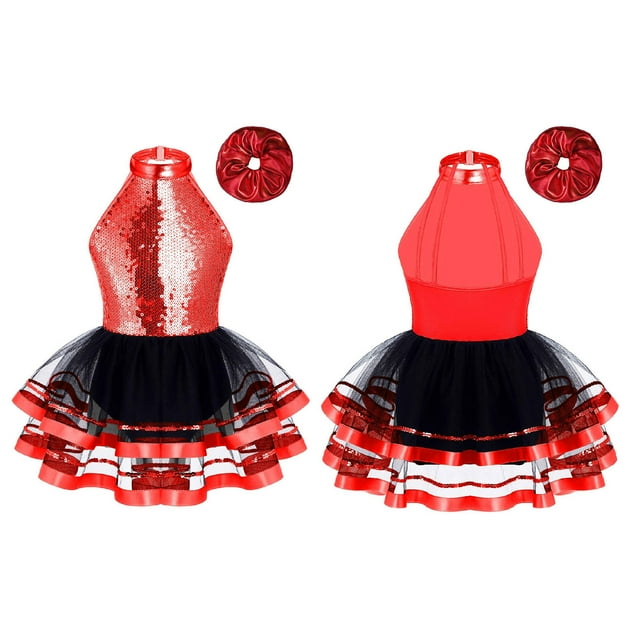 Jizyo Robe Tutu à Sequins pour Filles Jupe Scintillante Justaucorps Tenue de Danse Jazz Hip Hop Rouge 4