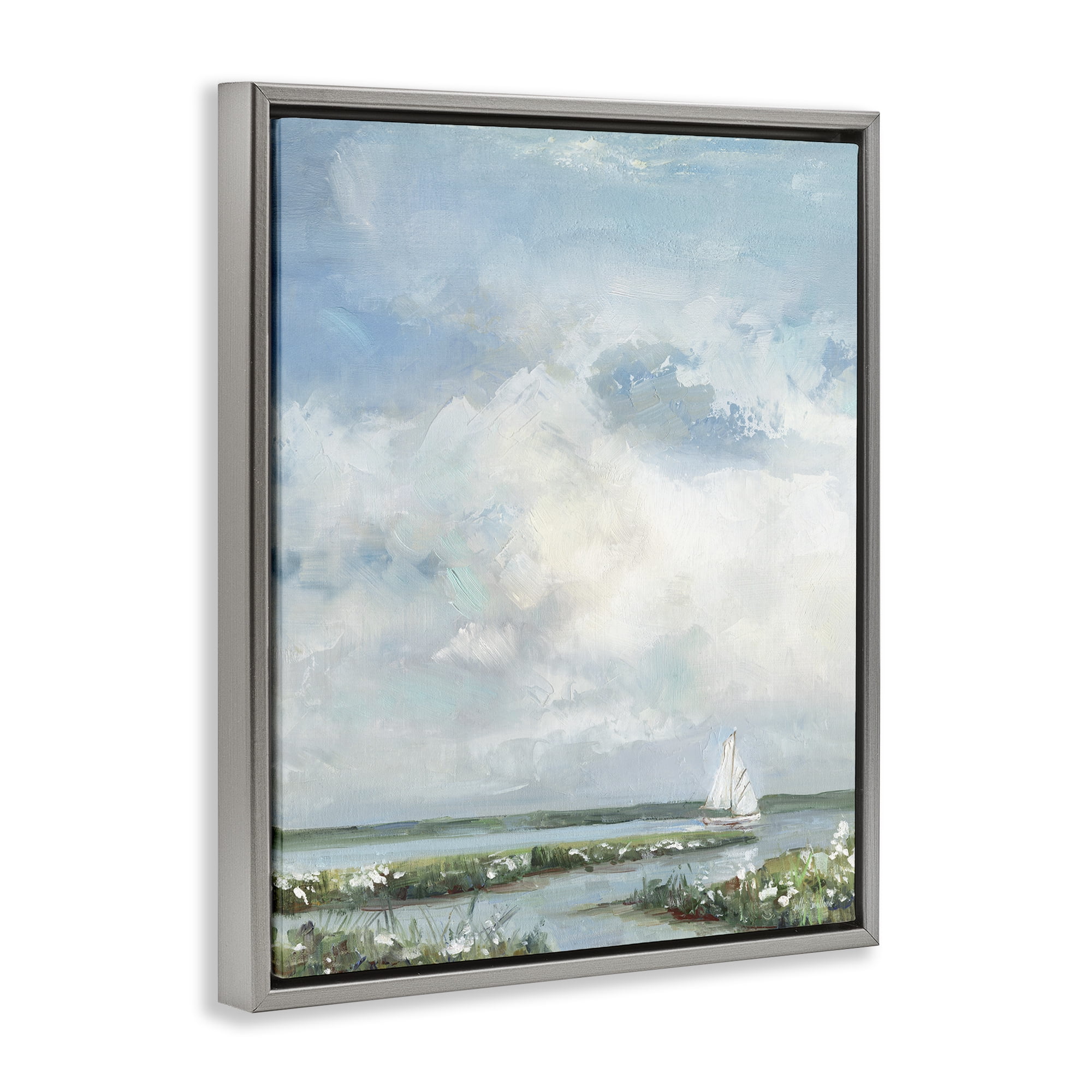 Stupell Industries Sailboat On Summer Marsh Gray Framed Floater Canvas Wall Art, design by Sally Swatland
