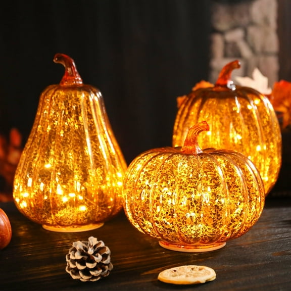 3 Piece Set of Illuminated Glass Autumn Harvest Pumpkin Decorations, Charming Lights with Glitter Finish for Fall and Thanksgiving Decor,Indoor Outdoor Decor