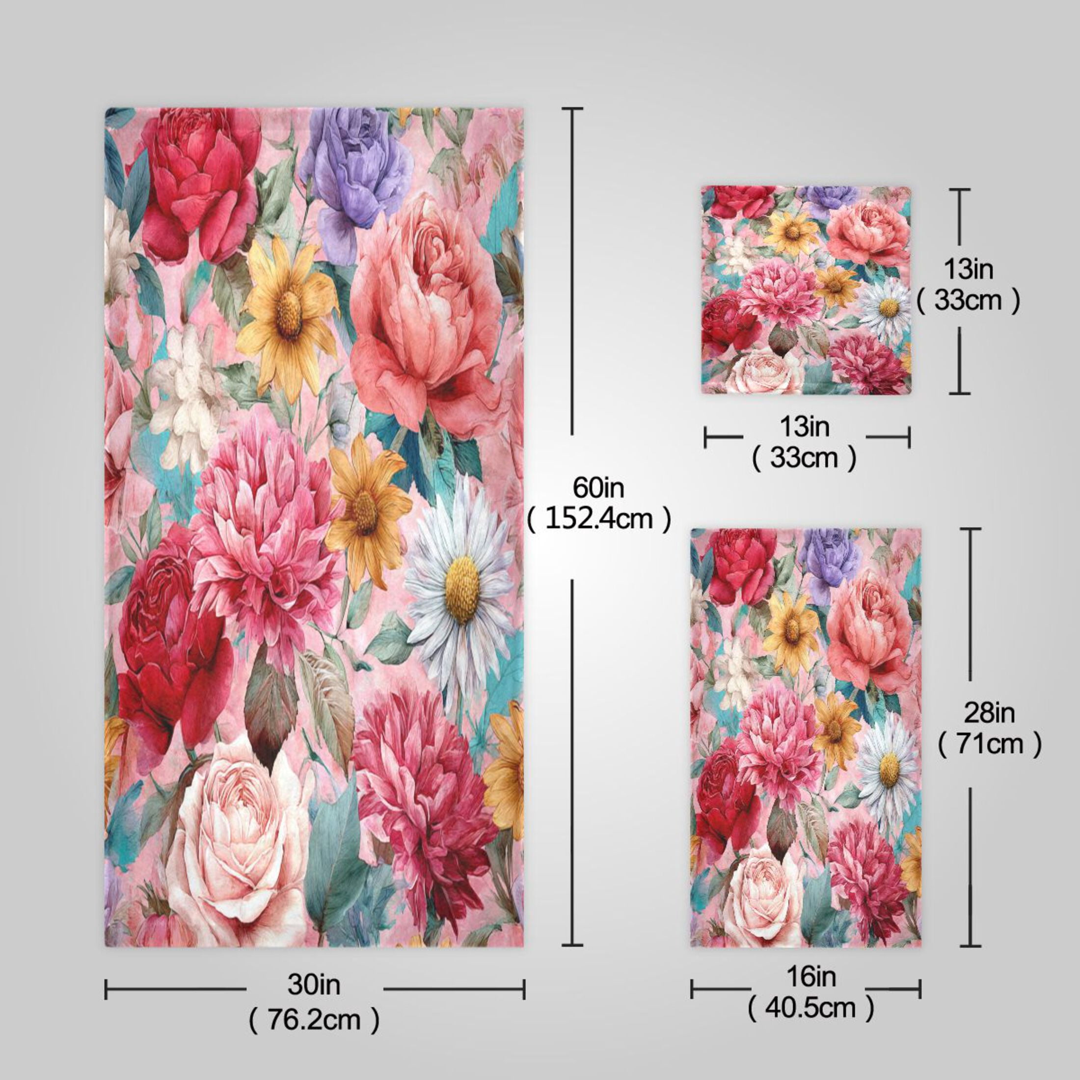 3 Sizes of Towel Sets Including Bath Towel Hand Towel and Washcloth for Daily Use Fantasy Art Floral Pattern
