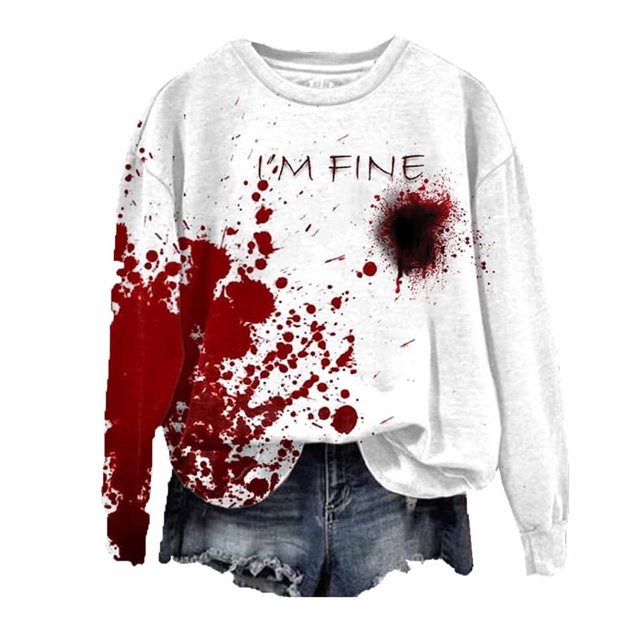 TIMIFIS Chandails en Molleton d'Halloween pour Femmes Décontracté en Polaire Col Rond Manches Longues Pull Tendance Imprimé Graphique Rouge