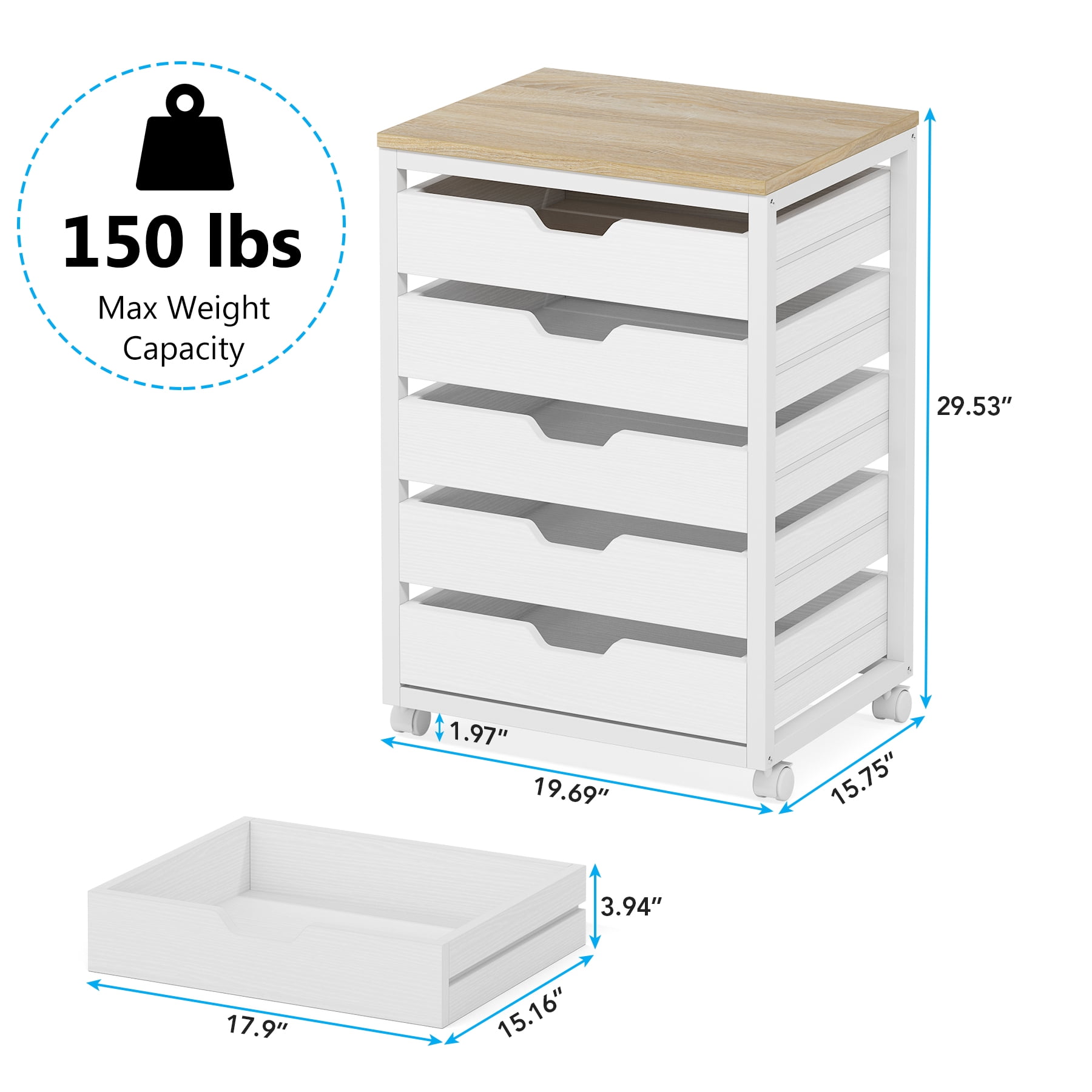 Tribesigns 5 Drawer Chest, Wood Storage Dresser Cabinet with Wheels, Industrial Storage Drawer Organizer Cart for Office Bedroom Entryway, White