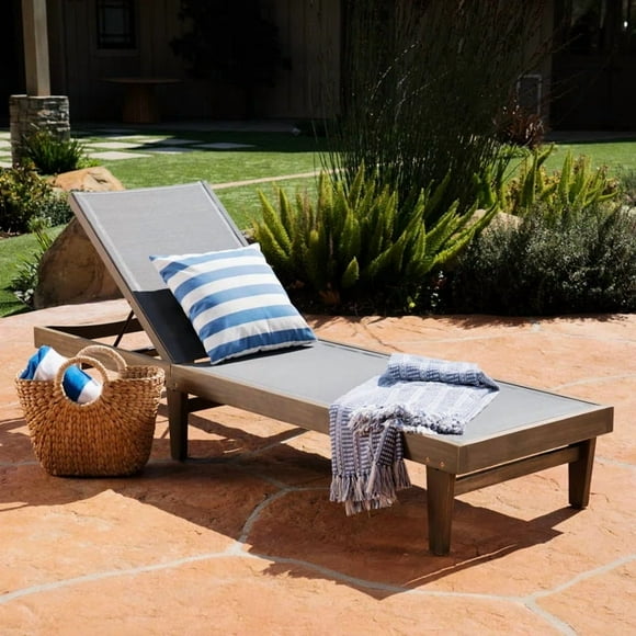 Newest Outdoor Mesh Chaise Lounge, Adjustable 5-Position Reclining, 78.25" Long Acacia Frame, Dark Grey Patio Sunbed