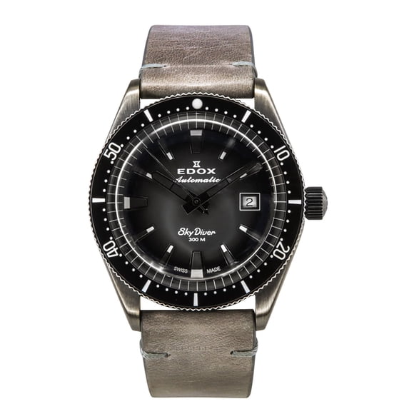 Edox Reloj de Buceo Automático Skydiver de Edición Limitada con Correa de Piel y Esfera Gris 80126 3VIN GDN 300M para Hombre