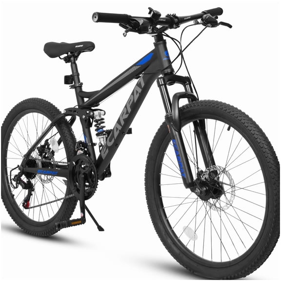 Black Full Suspension Mountain Bike, 21-Speed Steel Frame with Disc Brakes for Outdoor Cycling Enthusiasts