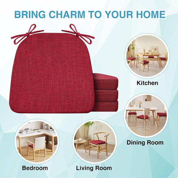 Chair Cushions for Dining Chairs Set of 4, Non Slip Kitchen Chair Pads, 17" x 16" x 2", Indoor Dining Chair Cushions with Ties, D-Shaped Seat Cushions for Kitchen Chairs, Red