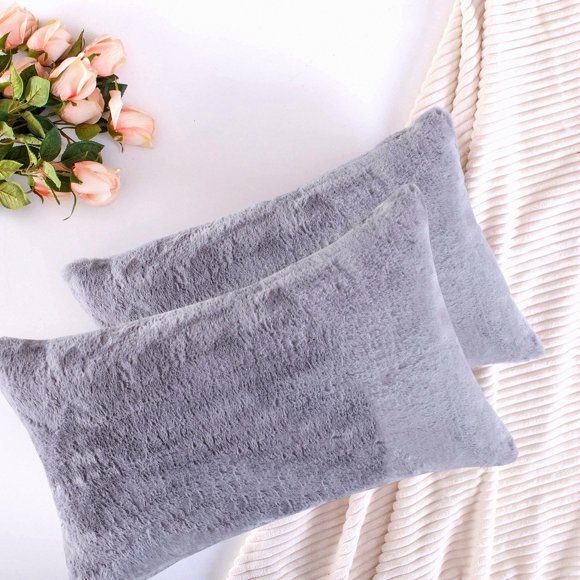 Luxury Mongolian Velvet Sheep Fluffy Throw Pillow Cover Set - Plush Rectangular Cushion Case for Bed Decor, Grey, 12x20 Inches, Pack of 2