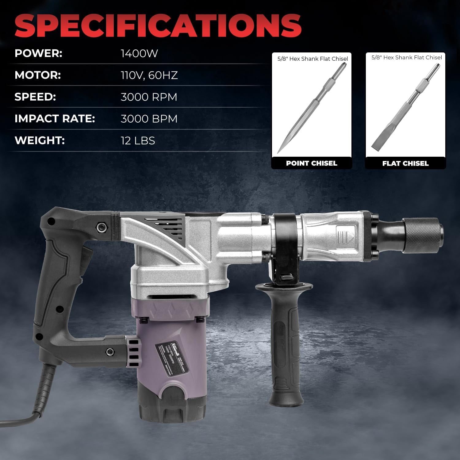 XtremepowerUS Demolition Jack Hammer, 1400W Electric Jackhammer Heavy Duty, 2pc Chisels Bits Chipping With Case, 3000 BPM Concrete Breaker, 5/8" Hex Shank