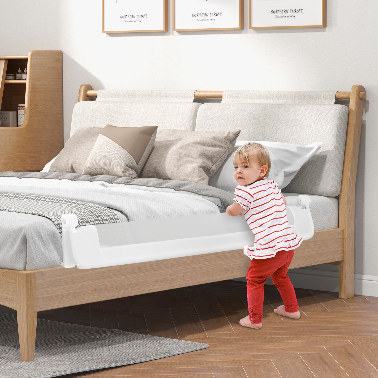 Infans 2PCS 60" Toddler Foldable Bed Rail w/Adjustable Safety Strap Bedrail Guard White