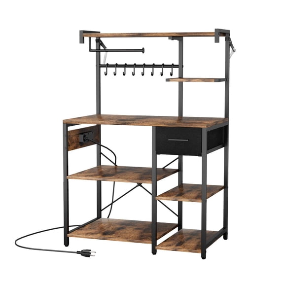 Kitchen Bakers Rack with Power Outlet, 4.6ft Cord, Adjustable Shelves, 8 Hooks, Coffee Bar Stand for Microwave, Toaster Oven, Spice Racks - Black