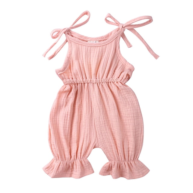 Yuyuzo Infant Baby Girl Clothes Newborn Cotton Linen Strap Ruffle Jumpsuit Spring Fall Solid Color Romper