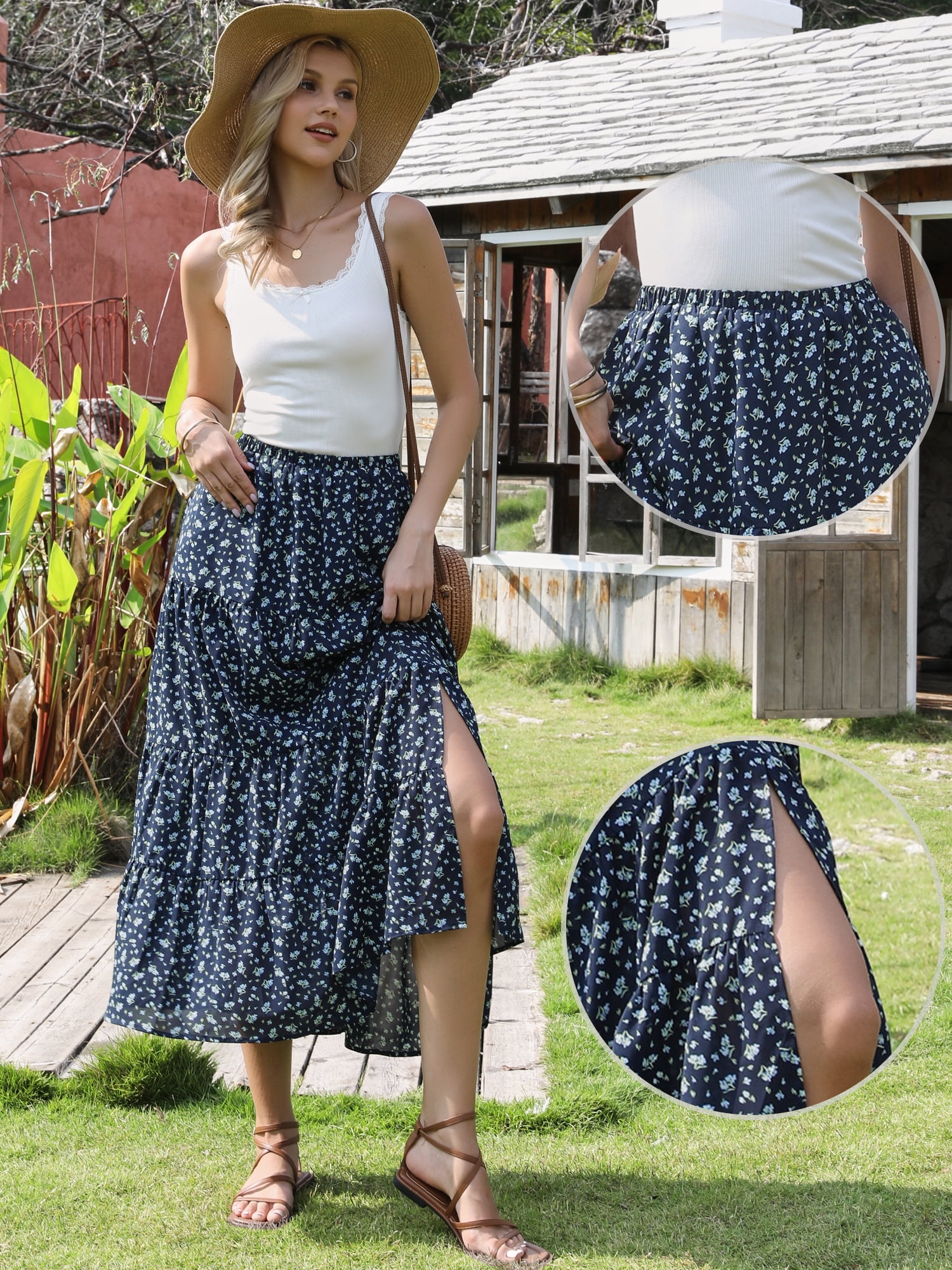 DARING DIVA Women's Floral Maxi Skirt Elastic High Waist A Line Skirts X-Large Dark Blue