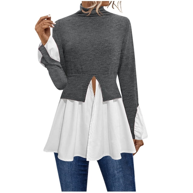 cfhntfmh Womens Fall Tops Fashion Comfy High Neck Long Sleeve Lounge Tees Shirts Casual Patchwork Ruffle Hem Long T-Shirts