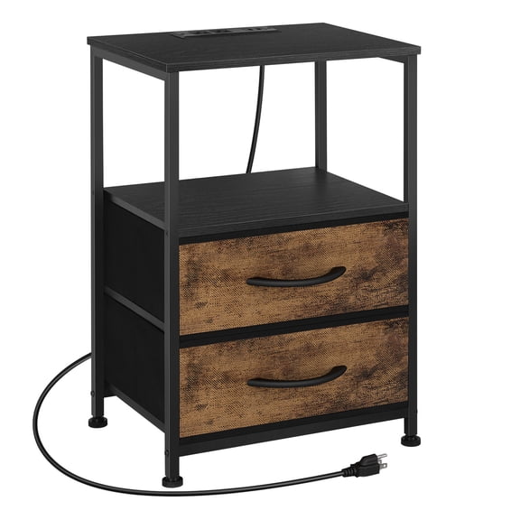 Black Bedside Table with Charging Station Bedroom Bedside Table with USB Ports and Outlets Small Side End Table with 2 Fabric Storage Drawers