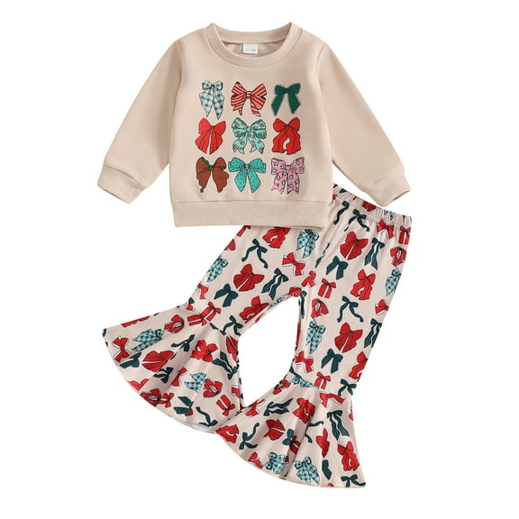 Elippeo Toddler Girl Christmas Outfits Bow Print Crew Neck Long Sleeve Sweatshirt with Flare Pants Set 6 12 18 24 Months 3 4 Years