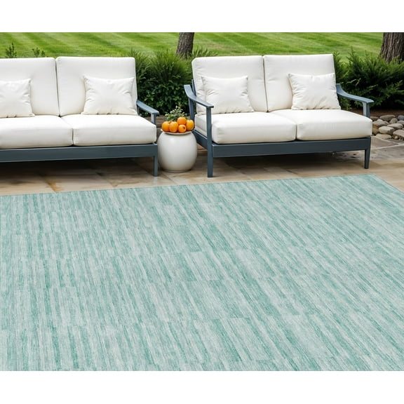 9' X 12' Turquoise Teal Blue And Gray Striped Washable Indoor Outdoor Area Rug