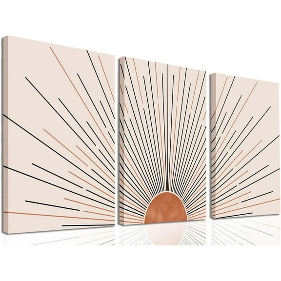 Boho Sun Wall Art Set of 3 Framed Canvas Wall Art Sun Rising on the Horizon Geometric Nature Black Line Mid-Century Modern Prints Boho Sun Wall Decor for Living Room, Bathroom, Bedroom(12"x16")