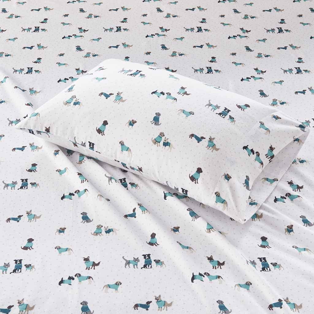 Intelligent Design Cozy Soft 4-Piece Queen Cotton Flannel Printed Sheet Set, Teal Dogs