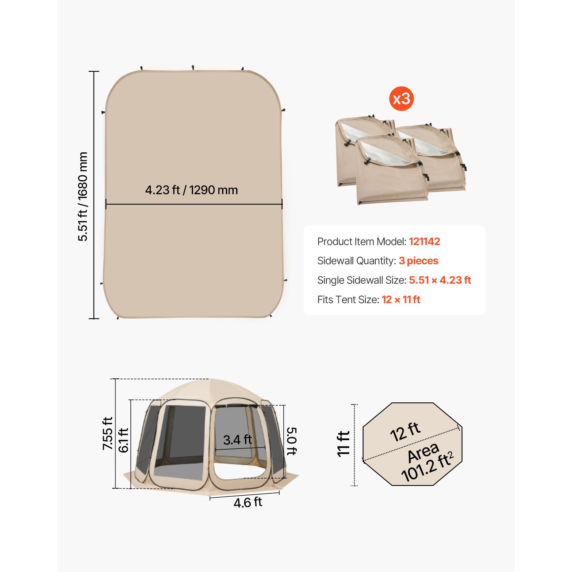 Sun Shade Sail Canopy Covers, Fit for 12 x 11 ft Screen House Tent, Sun Protection, 5.51 x 4.59 ft 300D Oxford Silver-Coated Fabric, Pack of 3 (Not Include Tent), for Outdoor Activities, Beige
