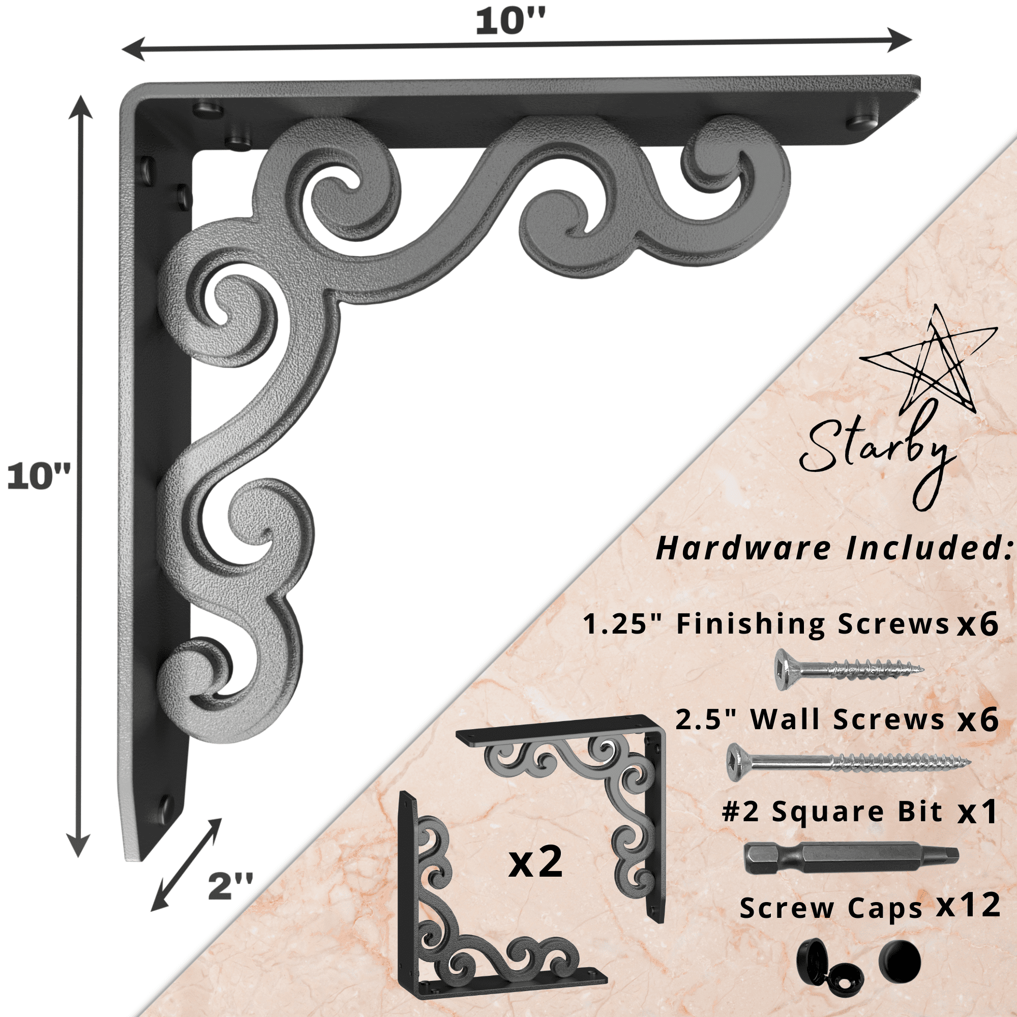 Charleston Heavy Duty Steel Fireplace Mantel Brackets Floating Shelf - 10" x 10" x 2"