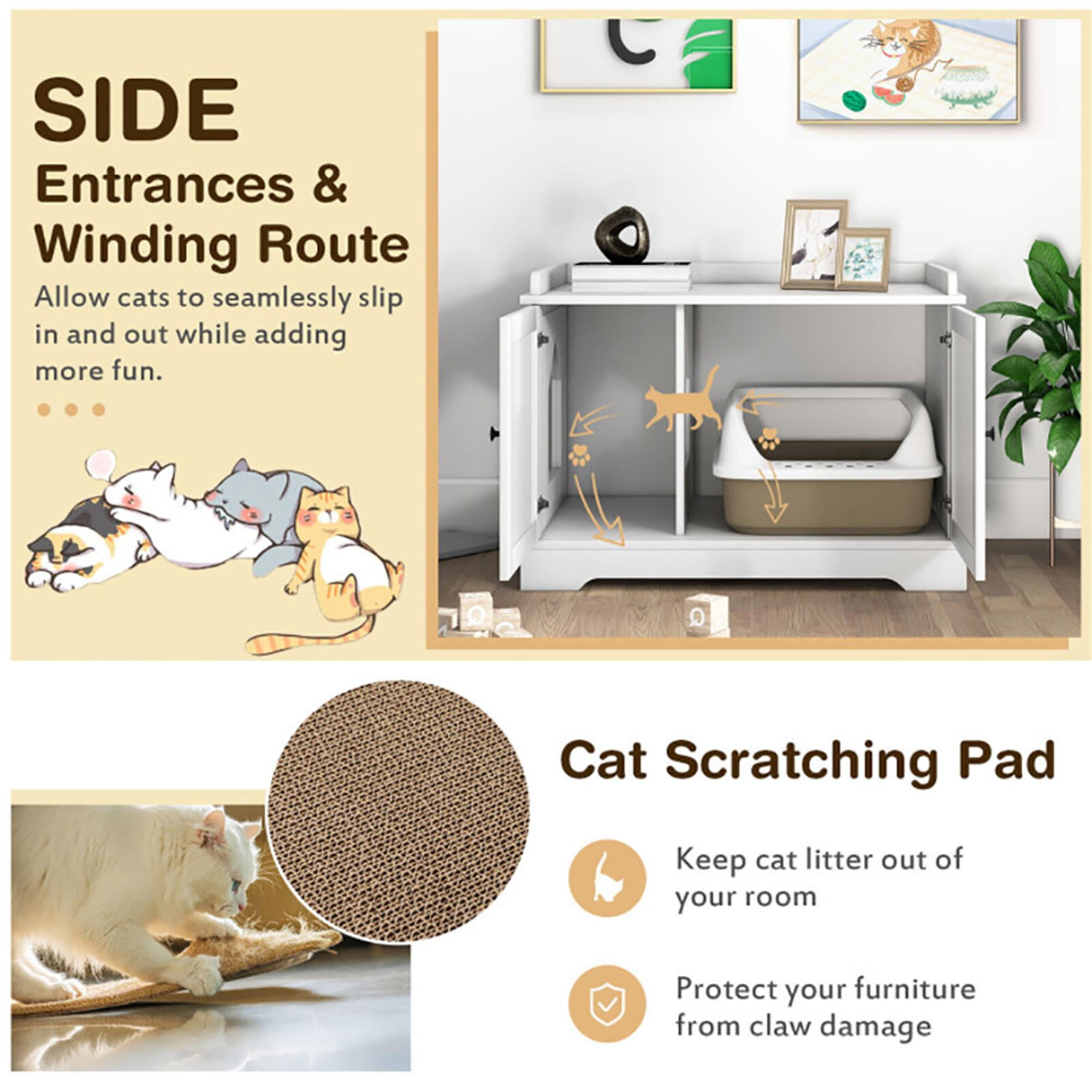 Kadyn 29" Wooden Cat House with Scratching Pad and Adjustable Divider, Cat Litter Box Furniture Hidden, Cat Washroom Enclosure, White