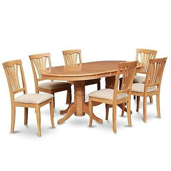 East West Furniture VAAV7-OAK-C Vancouver 7PC set with double pedestal Table with 17 in. butterfly leaf and 6 Padded seat chairs