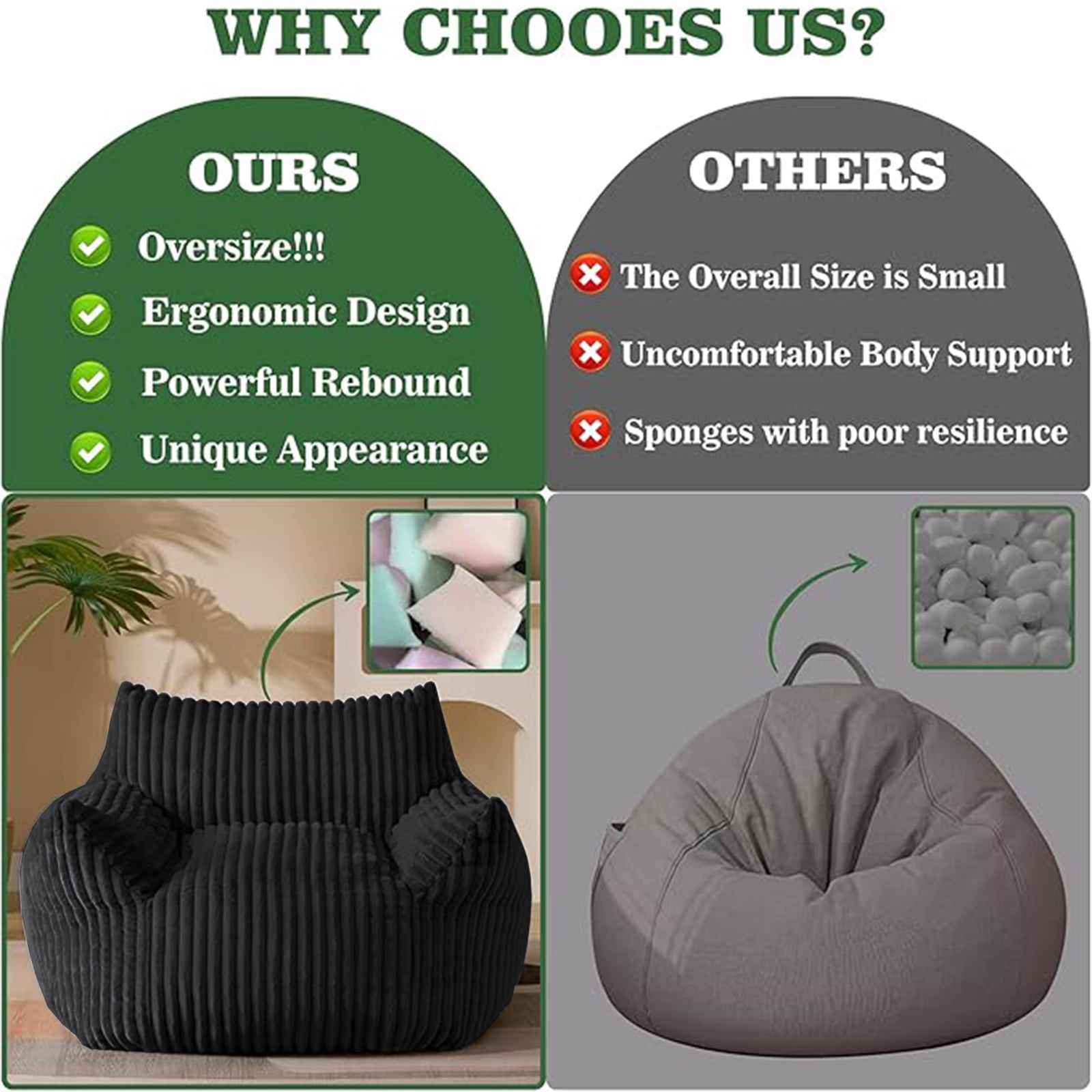 zyoiszvq Bean Bag Chairs with Ottoman,Corduroy Memory Foam Floor Bean Bag Lounger,Comfy Reading Chair with Armrests